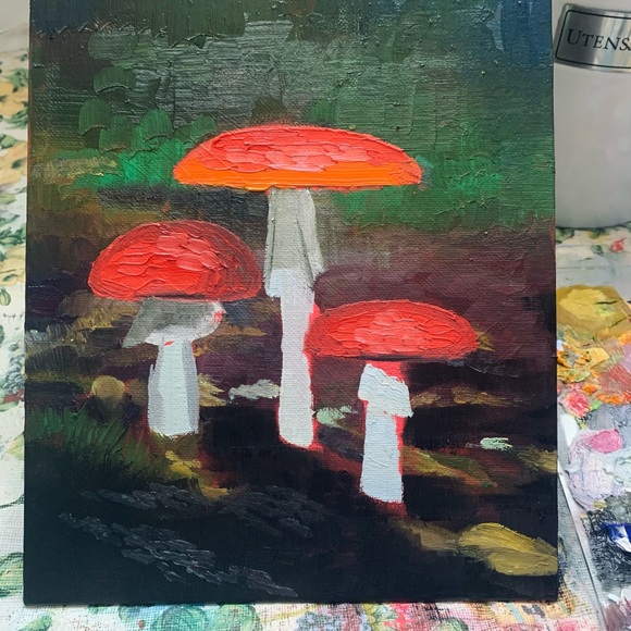 Original Oil Painting Red Amanita Mushroom Forest Fungi Wild Canvas Art Signed - Picture 3 of 4
